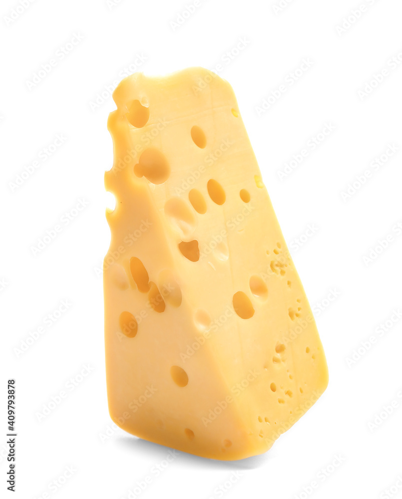 Piece of tasty cheese on white background