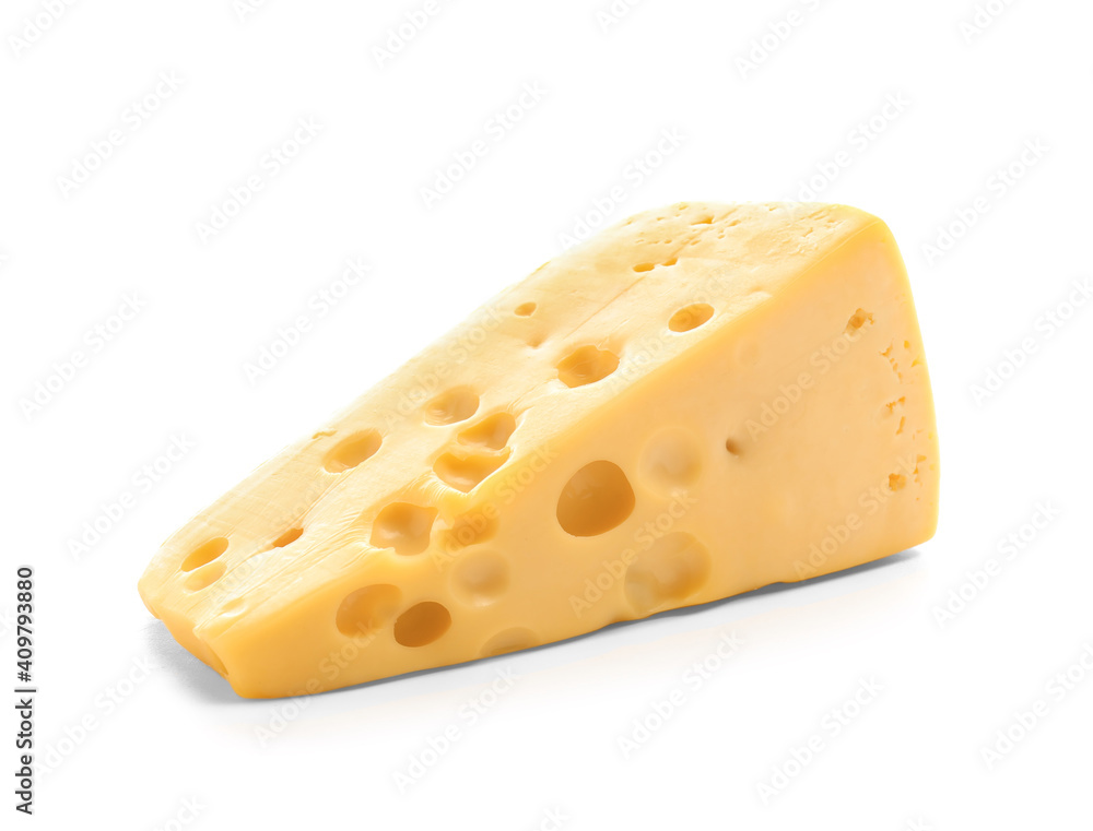 Piece of tasty cheese on white background