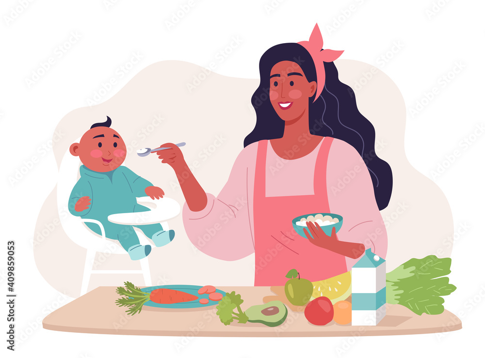 Young mother feeding her cute kid vector illustration