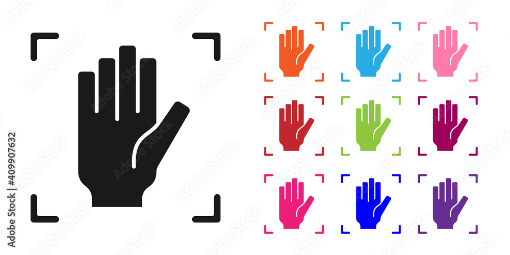 Black Palm print recognition icon isolated on white background. Biometric hand scan. Fingerprint ide