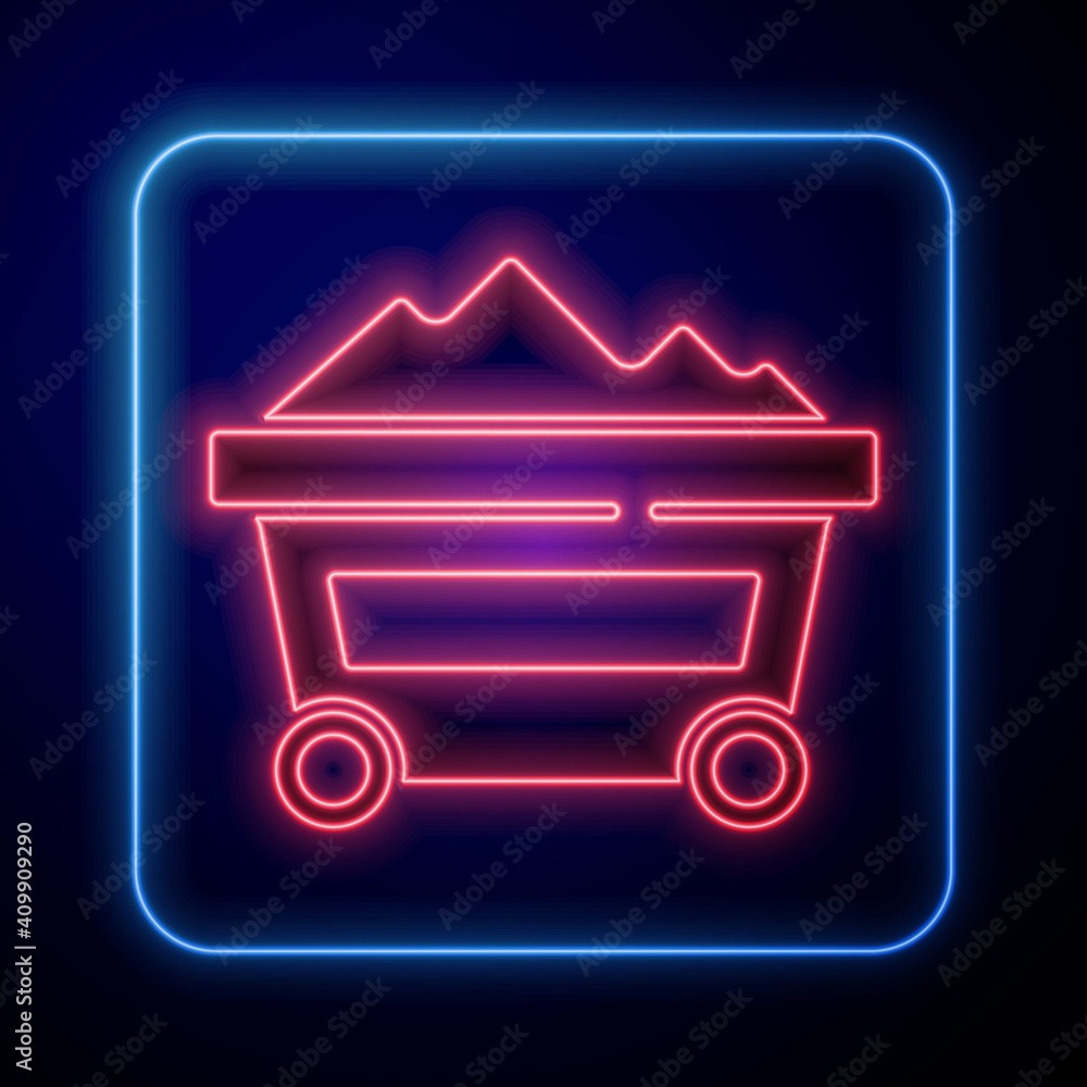 Glowing neon Coal mine trolley icon isolated on blue background. Factory coal mine trolley. Vector.