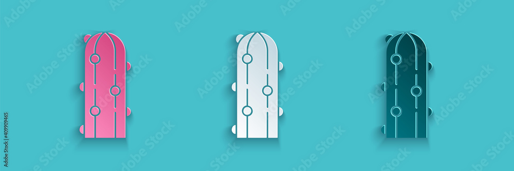 Paper cut Cactus icon isolated on blue background. Paper art style. Vector.