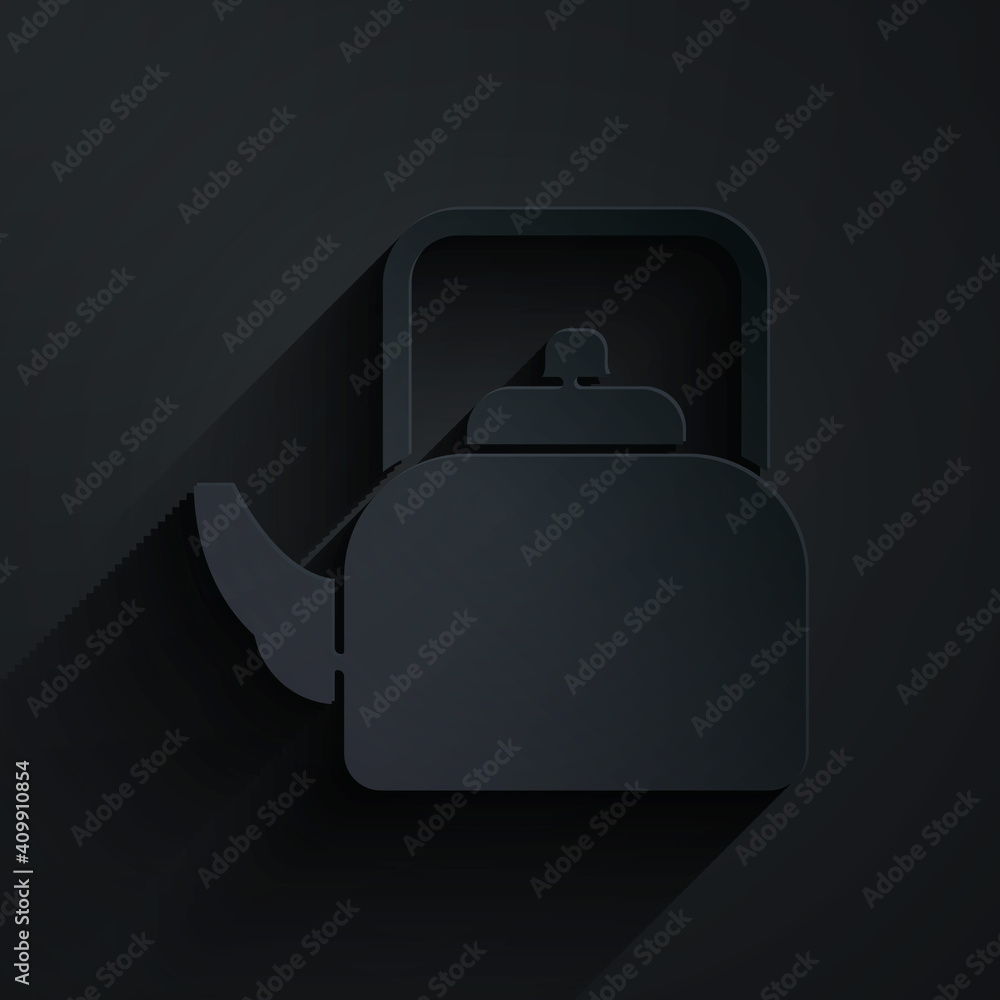 Paper cut Kettle with handle icon isolated on black background. Teapot icon. Paper art style. Vector