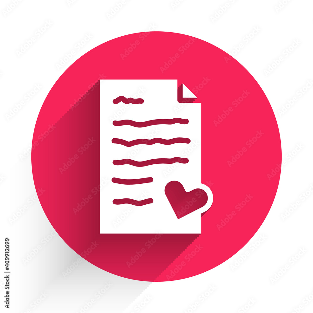 White Envelope with Valentine heart icon isolated with long shadow. Message love. Letter love and ro