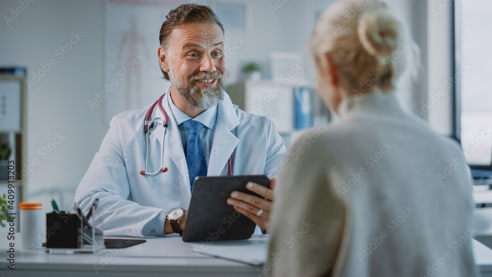 Friendly and Cheerful Family Doctor is Reading Medical History of Senior Female Patient During Consu