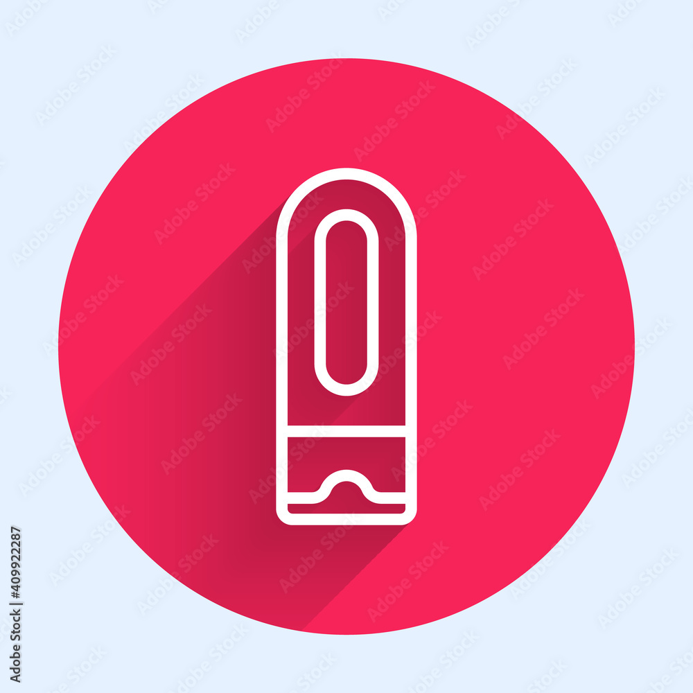 White line Bottle of shampoo icon isolated with long shadow. Red circle button. Vector.