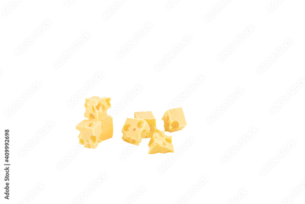 Hard diced cheese on a white background