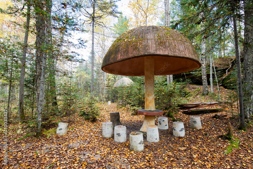 The mushroom pavilion in the autumn forests.