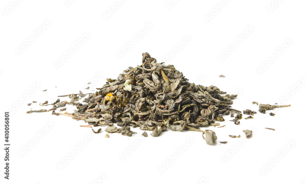 Dry tea leaves on white background