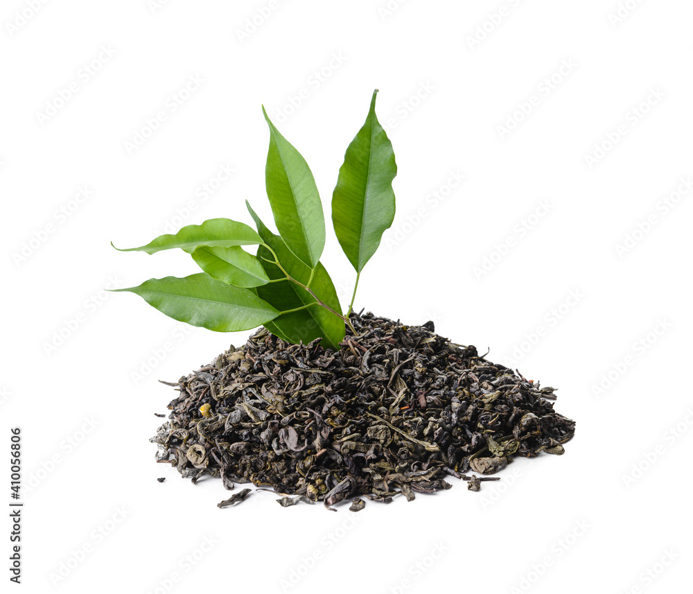 Dry and fresh tea leaves on white background