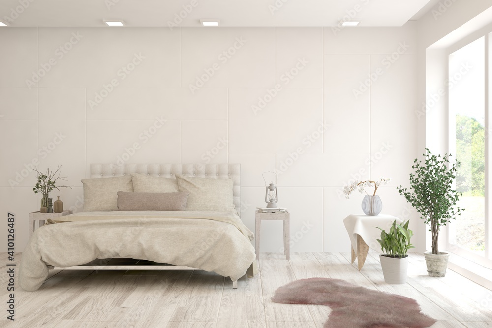 White bedroom interior. Scandinavian design. 3D illustration