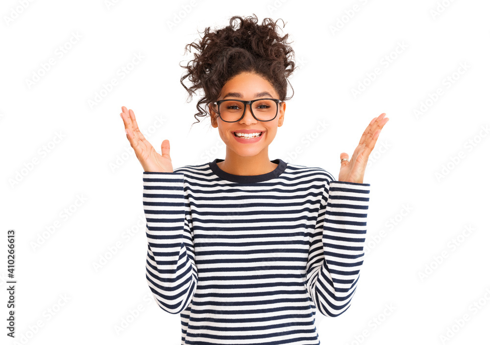 Excited ethnic woman in glasses