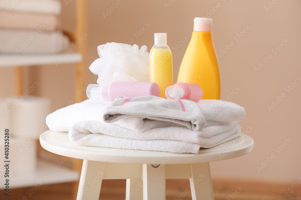 Different bath accessories on table