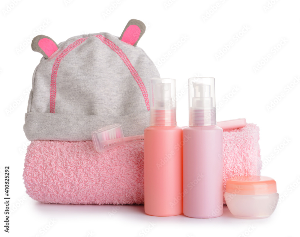 Different bath accessories for baby on white background