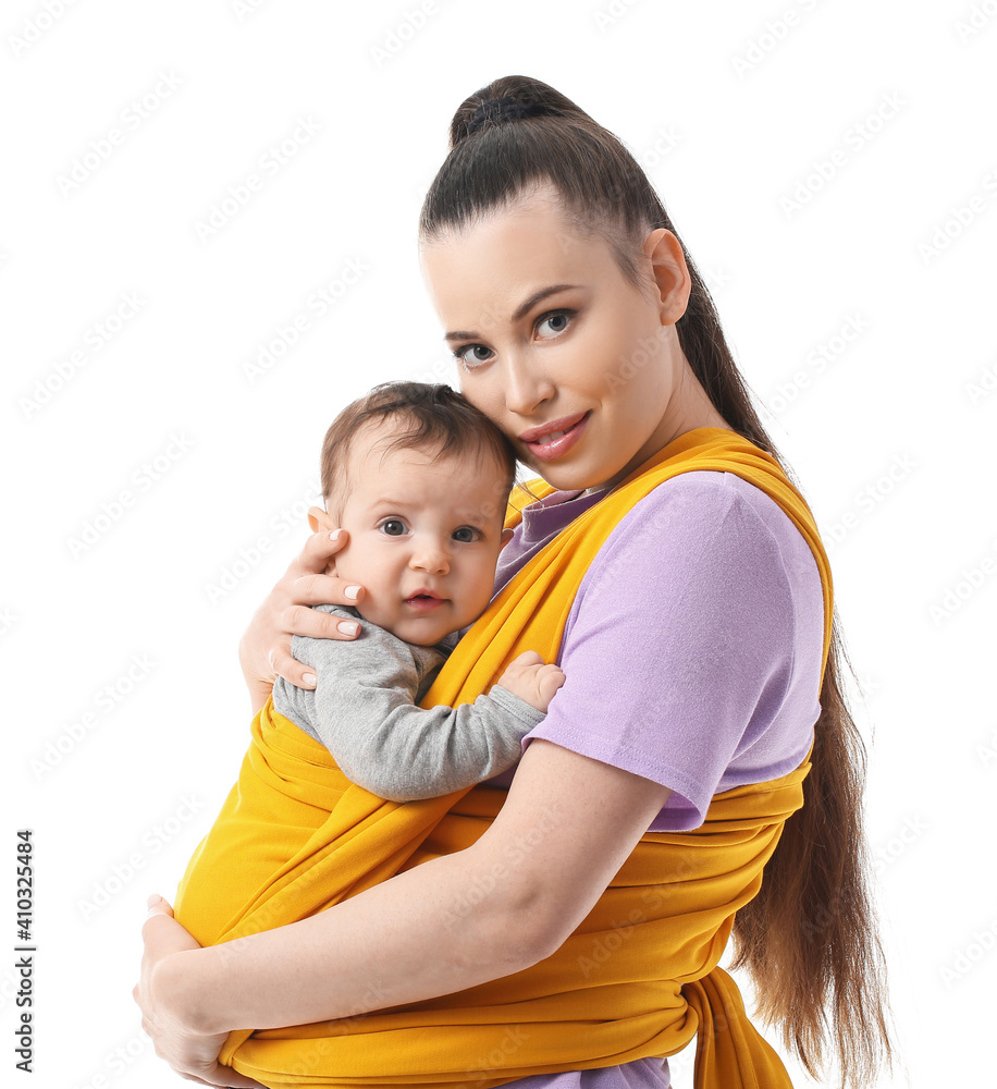 Young mother with little baby in sling on white background