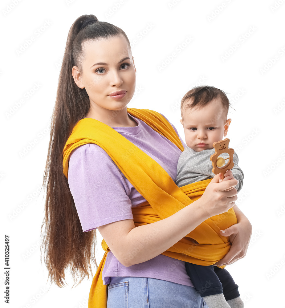 Young mother with little baby in sling on white background