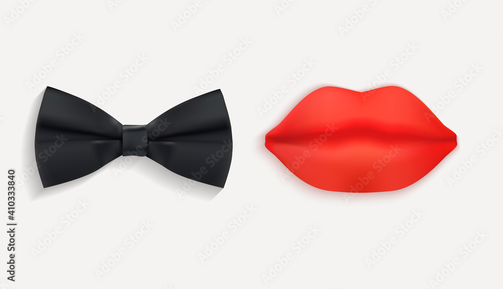 Mr. and Mrs. Sign with Black bow tie and Red Lips. 3d Vector Illustration EPS10