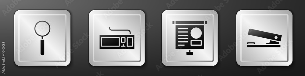 设置放大镜、键盘、带图表的黑板和Office订书机图标。银色方形按钮