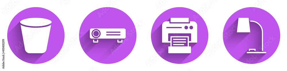 设置垃圾桶、电影、胶卷、媒体投影仪、打印机和台灯图标，带长阴影。矢量。
