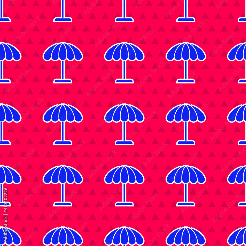 Blue Sun protective umbrella for beach icon isolated seamless pattern on red background. Large paras