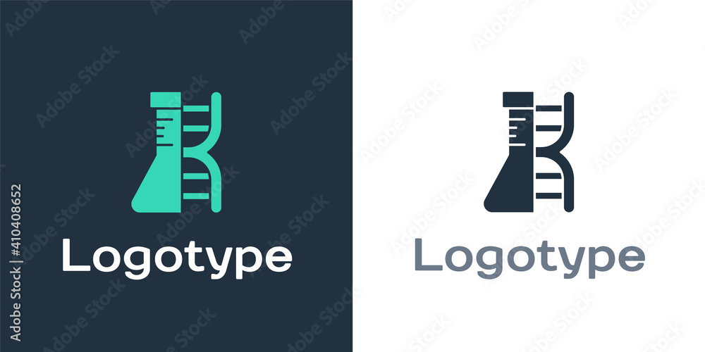 Logotype DNA研究，在白色背景上分离的搜索图标。基因工程，遗传学测试