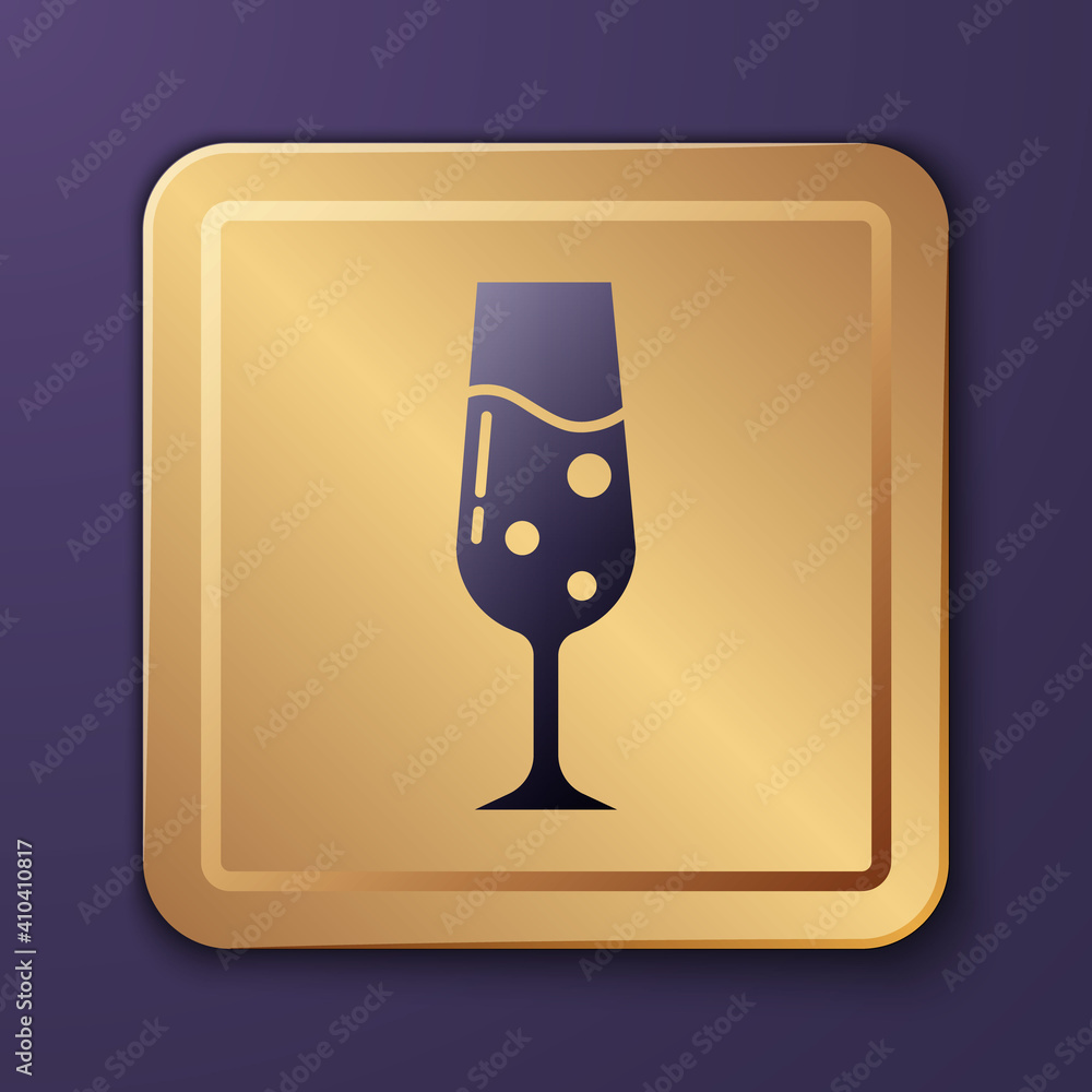 Purple Glass of champagne icon isolated on purple background. Gold square button. Vector.