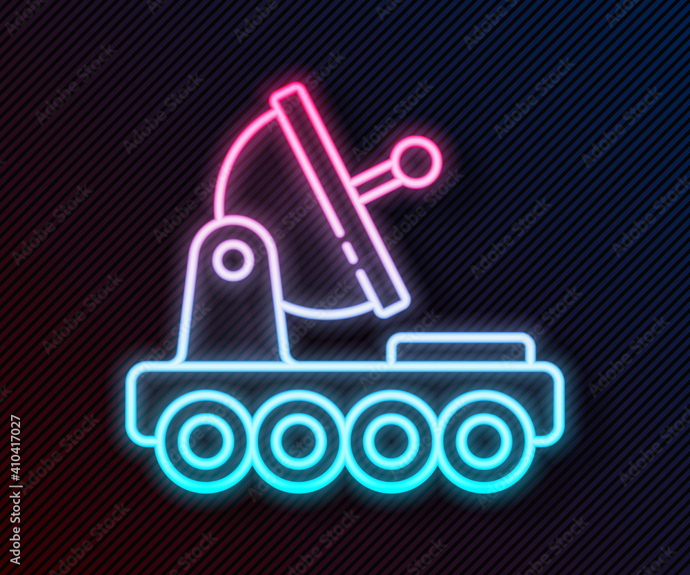 Glowing neon line Mars rover icon isolated on black background. Space rover. Moonwalker sign. Appara