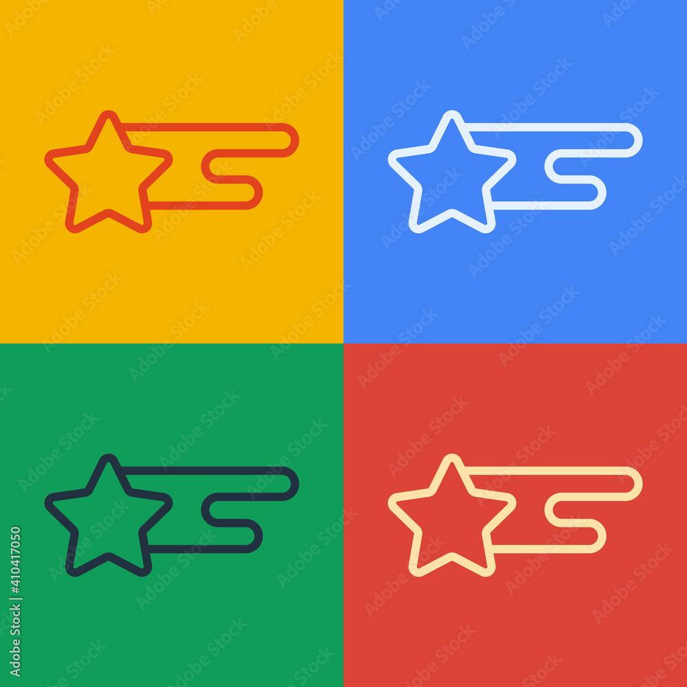 Pop art line Falling star icon isolated on color background. Shooting star with star trail. Meteoroi