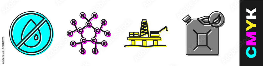 设置无油滴、分子油、海上石油平台和生物燃料罐图标。矢量。