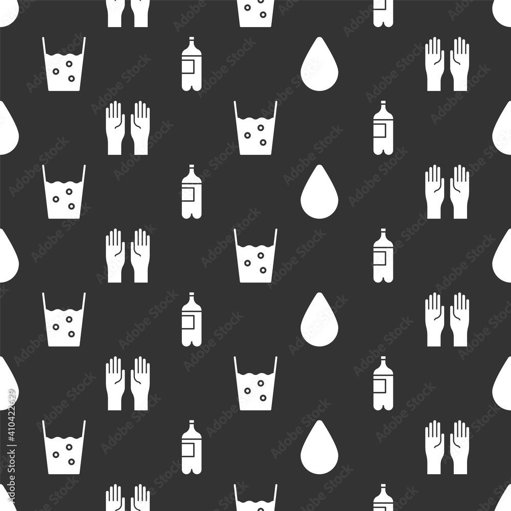 Set Water drop, Rubber gloves, Glass with water and Bottle of water on seamless pattern. Vector.