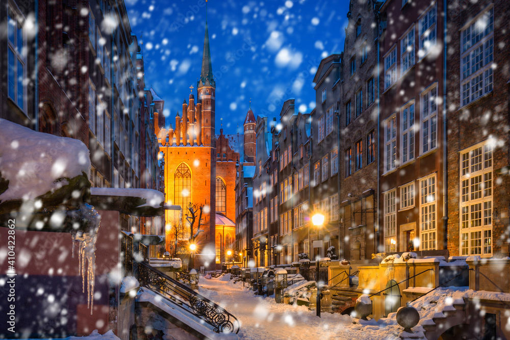 Beautiful Mariacka street in Gdansk at snowy winter, Poland