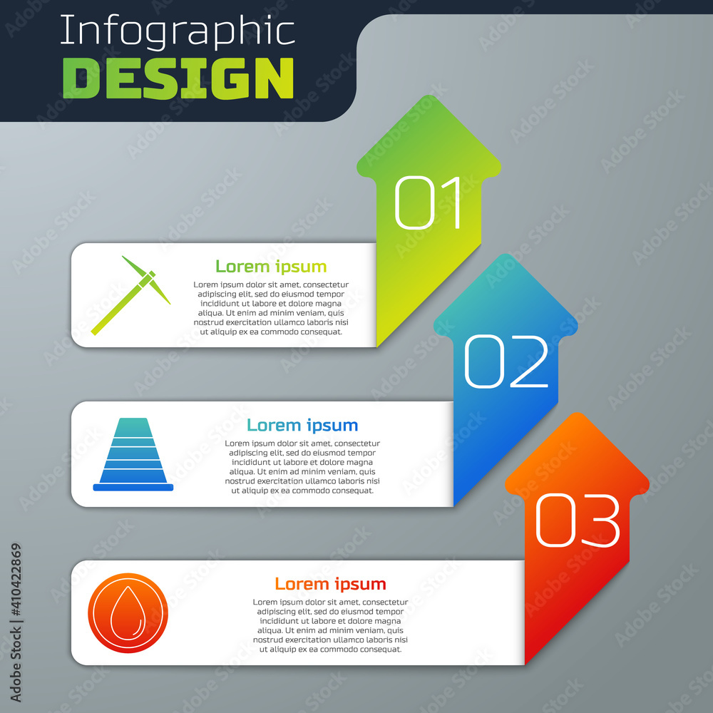 设置镐、交通锥和水滴。商业信息图模板。矢量。