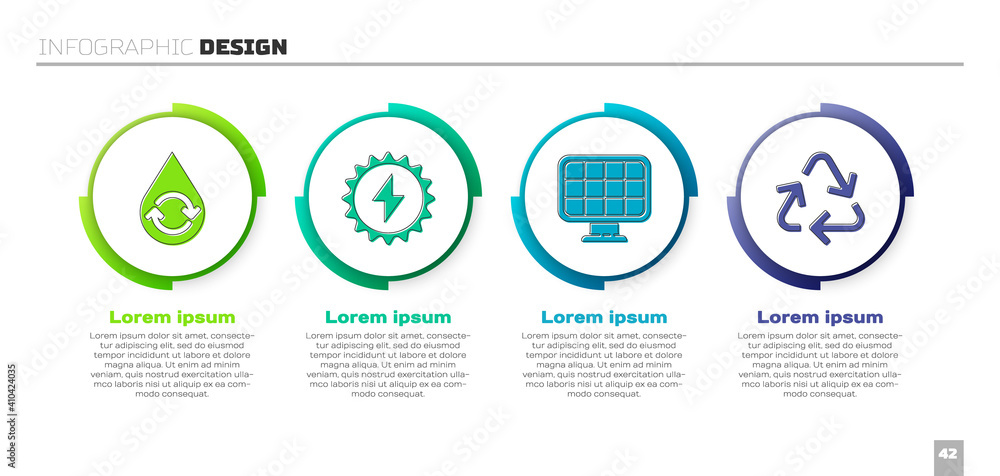 设置回收清洁水、太阳能面板、太阳能面板和回收符号。商业信息图