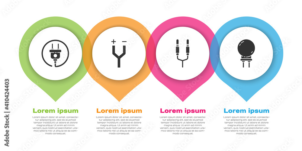 Set Electric plug, Electric cable, Audio jack and Light emitting diode. Business infographic templat