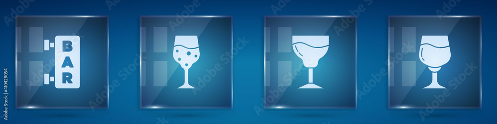 Set Street signboard with Bar, Glass of champagne, Wine glass and . Square glass panels. Vector.