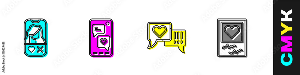 Set Dating app online, Mobile with heart, Heart speech bubble and Photo frames and hearts icon. Vect