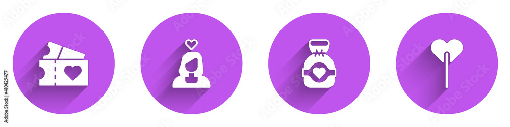 Set Love ticket, Couple in love, Chocolate candy and Lollipop icon with long shadow. Vector.