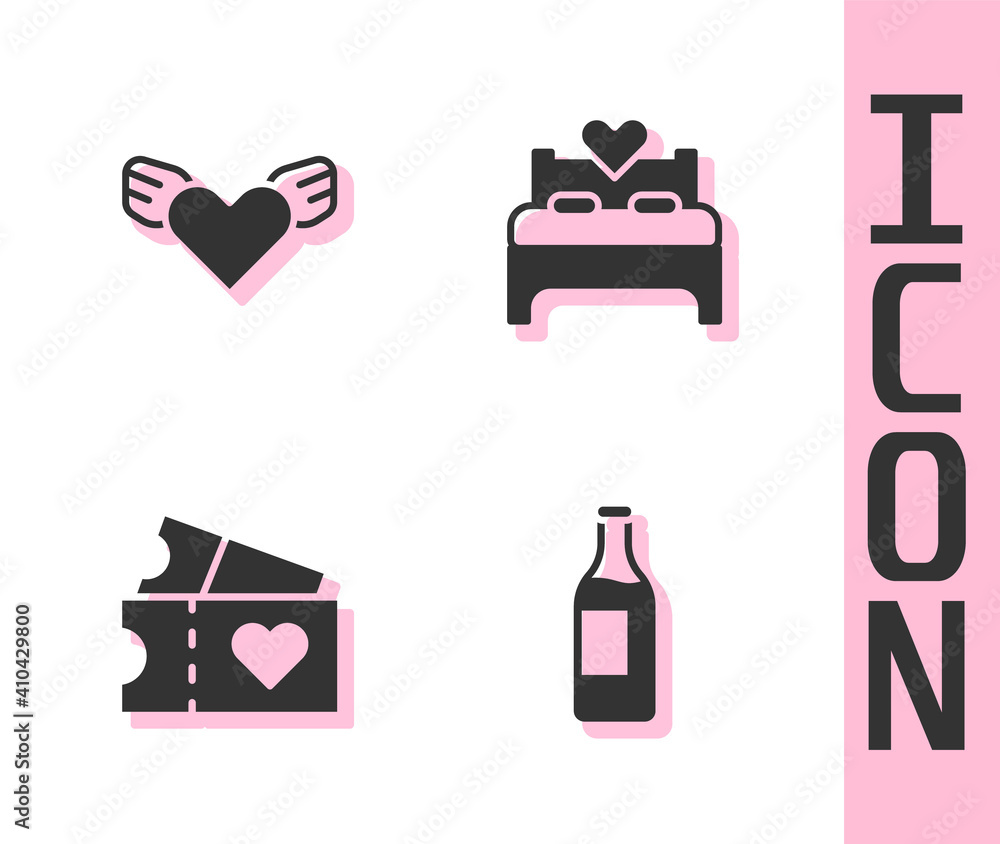 Set Wine bottle, Heart with wings, Love ticket and Bedroom icon. Vector.