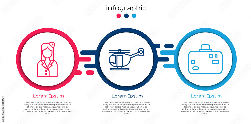 设置线路乘务员、直升机和手提箱。商业信息图模板。矢量。