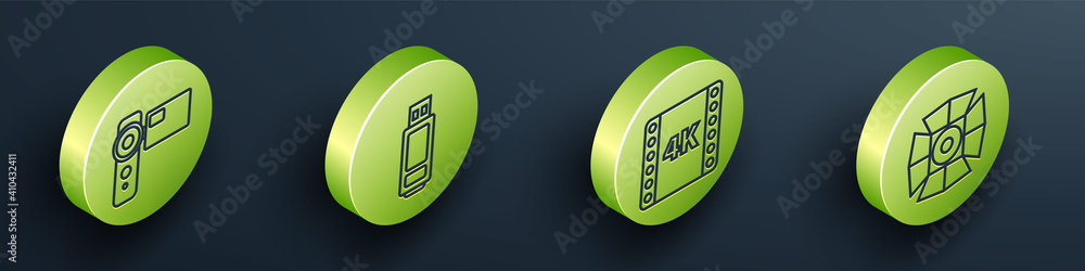 Set Isometric Cinema camera, USB flash drive, 4k movie, tape, frame and Movie spotlight icon. Vector