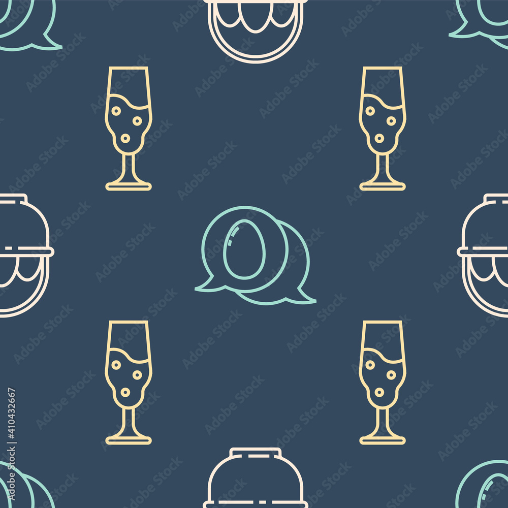 Set line Basket with easter eggs, Wine glass and Speech bubble with easter egg on seamless pattern. 