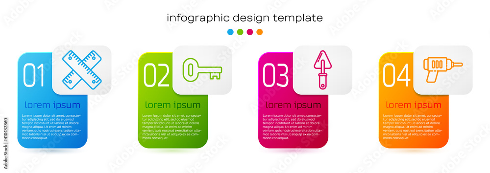 Set line Crossed ruler，Old key，Trowel and Electric drill machine.Business infographic template.V（设置划