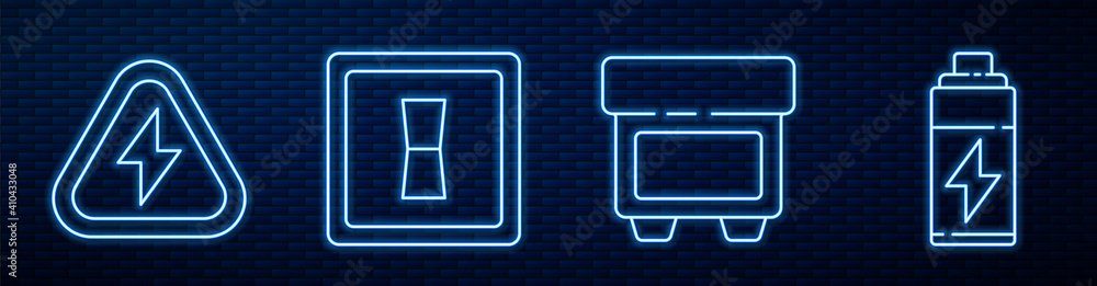 设置线路保险丝、高压、电灯开关和电池。砖墙上闪闪发光的霓虹灯图标。Vec