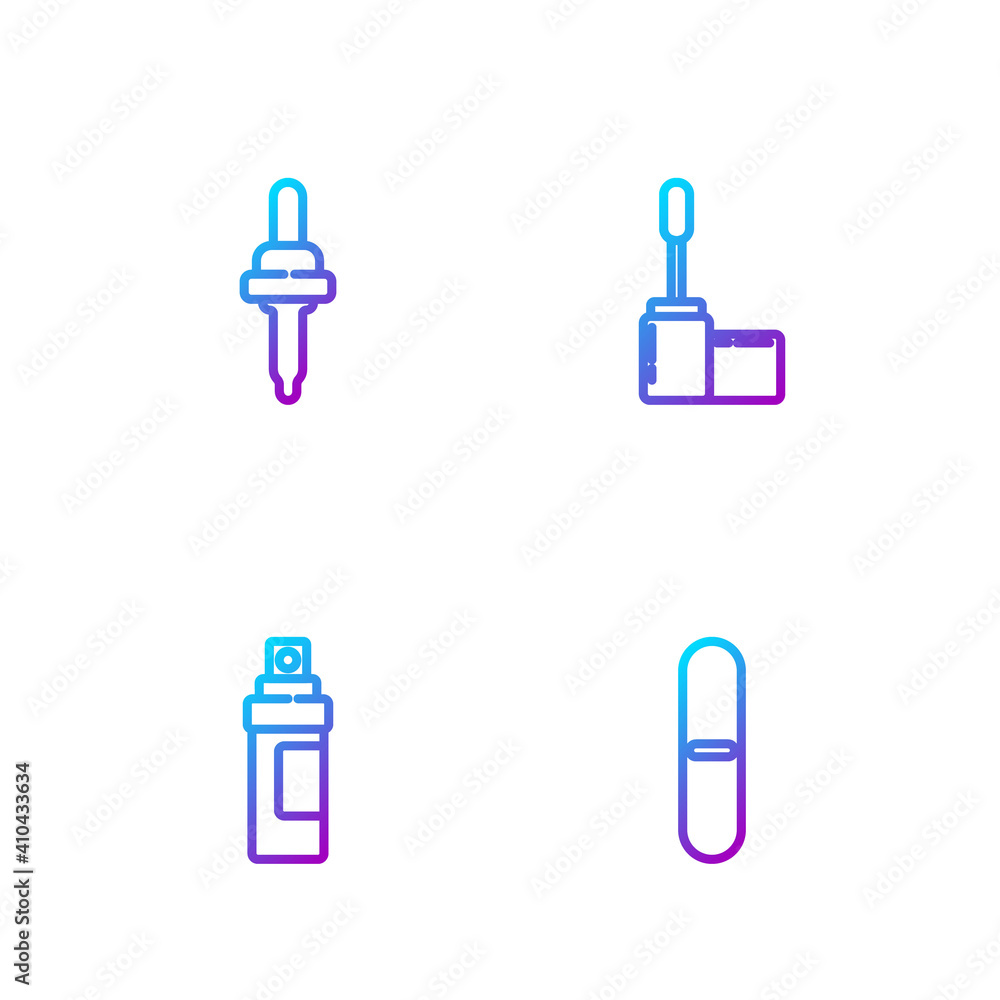 设置线条指甲锉、香水、移液管和睫毛刷。渐变色图标。矢量。