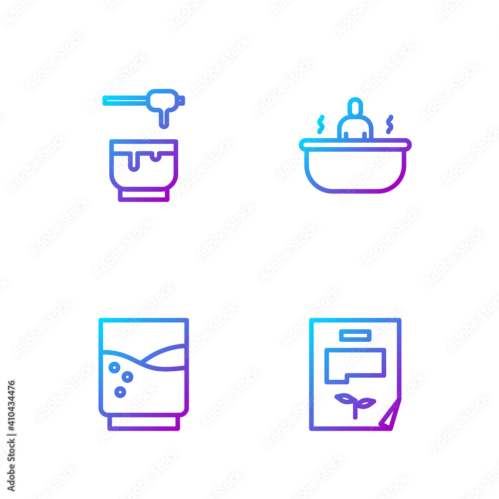 Set line Leaf document, Glass with water, Honey dipper stick and bowl and Bathtub. Gradient color ic