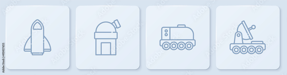 设定线火箭船、火星车、天文台和。白色方形按钮。矢量。