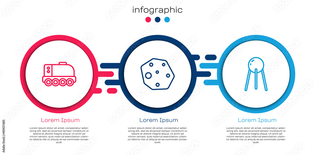 设定线火星车、小行星和卫星。商业信息图模板。矢量。