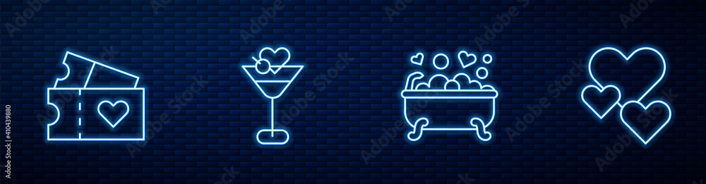 Set line Romantic in bathroom, Love ticket, Martini glass and Heart. Glowing neon icon on brick wall