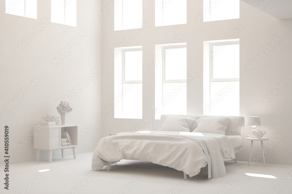 Modern bedroom in white color. Scandinavian interior design. 3D illustration