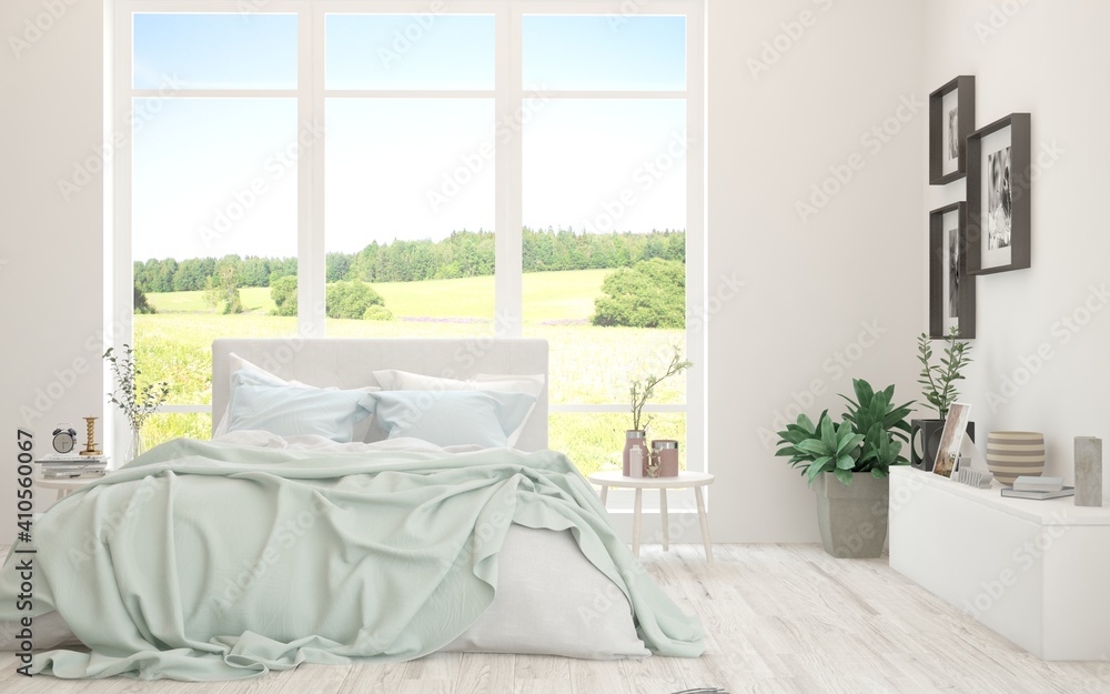 Stylish bedroom in white color with summer landscape in window. Scandinavian interior design. 3D ill